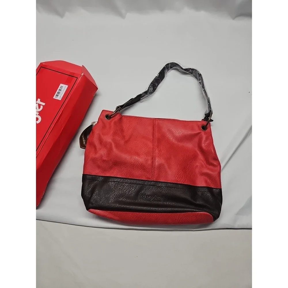 Wrangler‎ Vegan Leather Hobo Bag Women's Top Handle Shoulder Purse Red Brown NWT